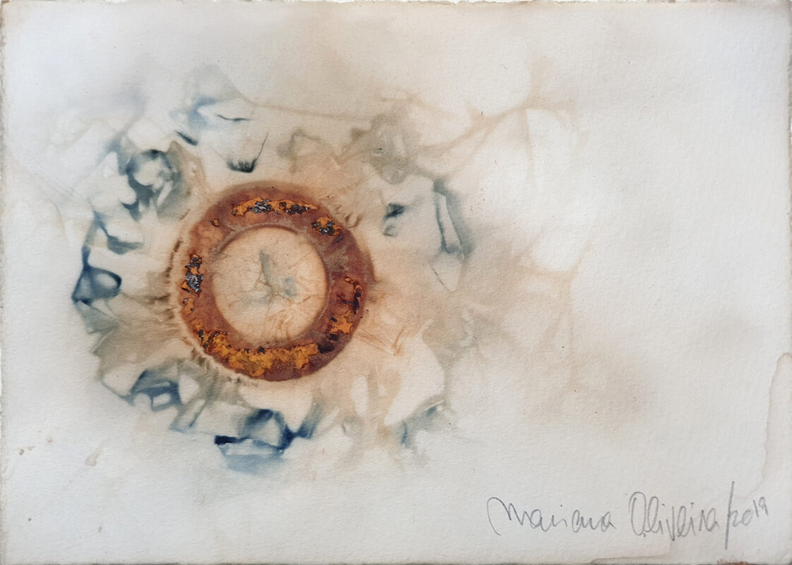 Rust print and natural dyes on Somerset paper by Mariana Oliveira