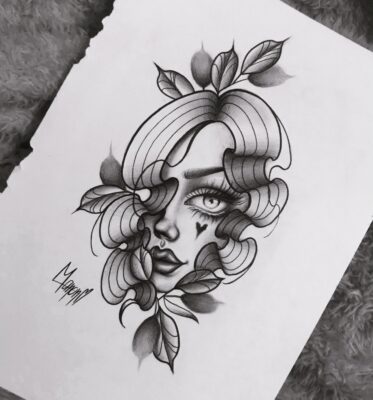 Lightart tattoo, tattoo flash, drawing of a woman