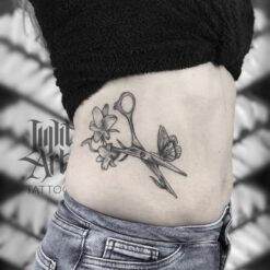 Lightart tattoo, scissors tattoo, flower tattoo