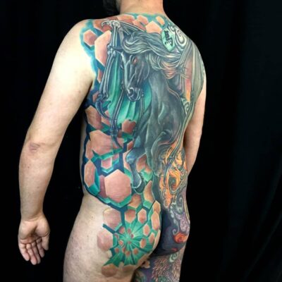 Izhar Rott Tattoo, back piece tattoo, colour tattoo, horse tattoo, sacred geometry