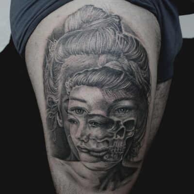 Izhar Rott Tattoo, leg tattoo, faces tattoo, psychedelic tattooing