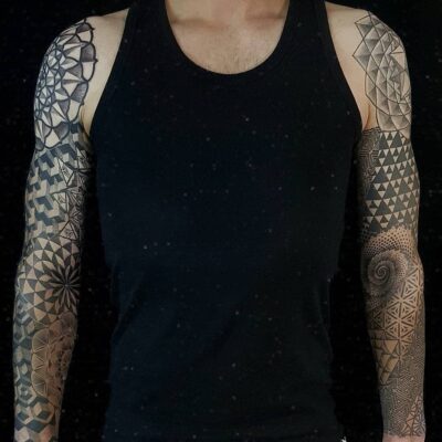 Izhar Rott Tattoo, geometric sleeve tattoo, sacred geometry,, psychedelic tattooing