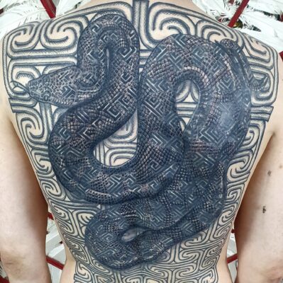 Izhar Rott Tattoo, snake tattoo, sacred geometry, back piece tattoo