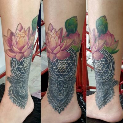 Izhar Rott Tattoo, lotus tattoo, sacred geometry, leg tattoo