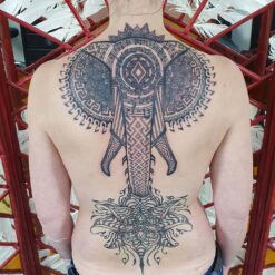 Izhar Rott Tattoo, elephant tattoo, sacred geometry, back piece tattoo