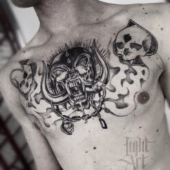lightart tattoo, chest tattoo, Motorhead tattoo
