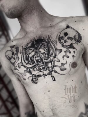 lightart tattoo, chest tattoo, Motorhead tattoo